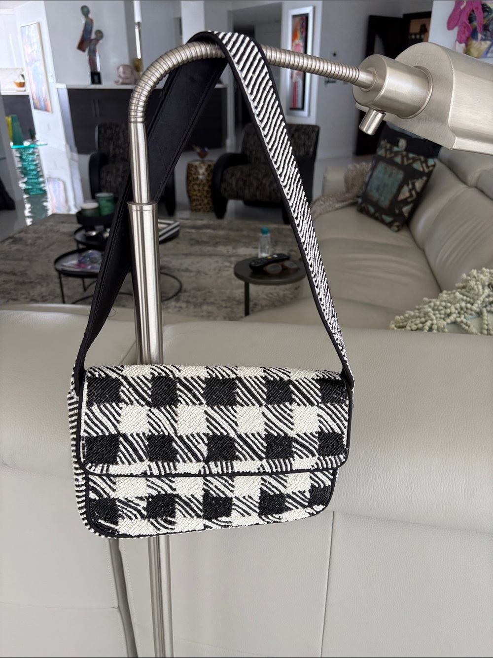 Black & White Check Beaded Shoulder Bag